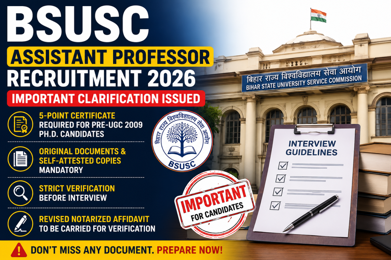 Bihar Assistant Professor Recruitment: BSUSC Issues Key Clarification Ahead of Interviews